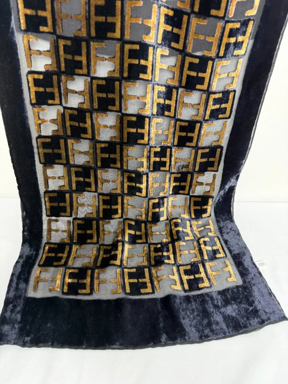 VTG FENDI Zucca Silk Velvet Black Gold Metallic FF Monogram Scarf RARE